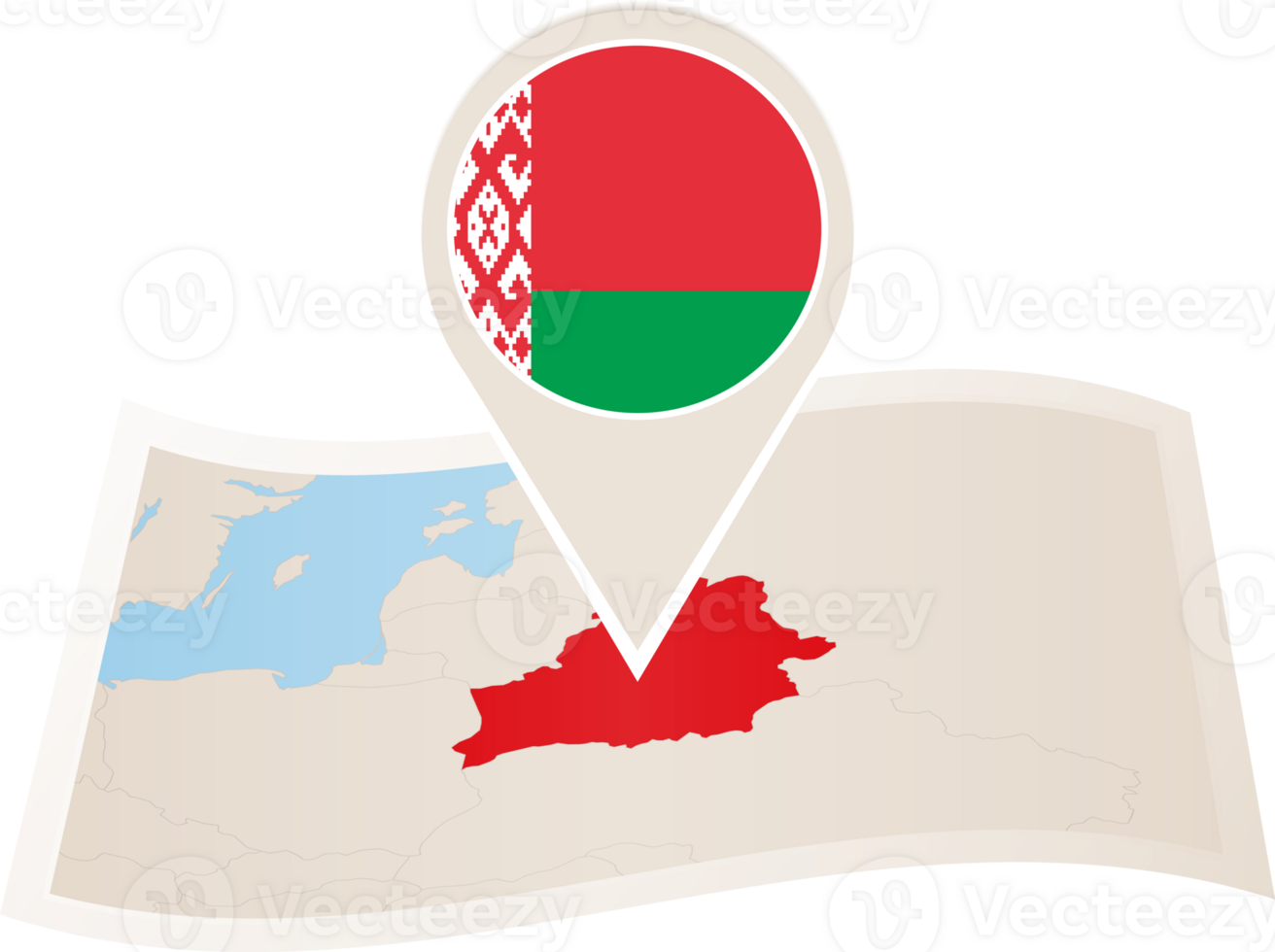 Folded map of Belarus with flag pin of Belarus. png
