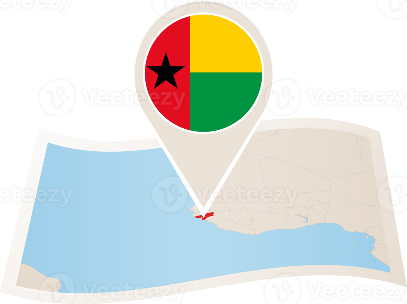 Folded map of Guinea-Bissau with flag pin of Guinea-Bissau. png