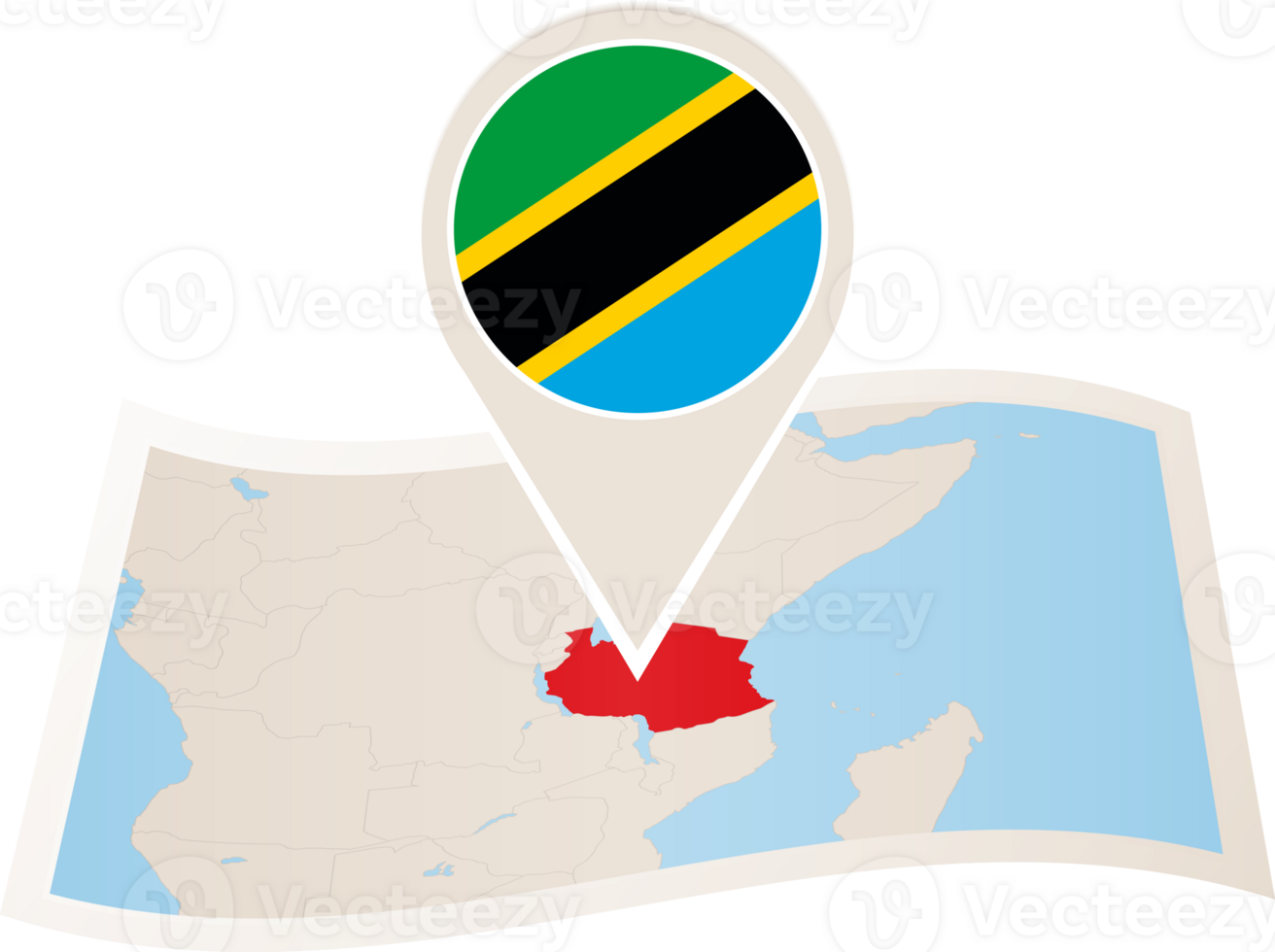 Folded map of Tanzania with flag pin of Tanzania. png
