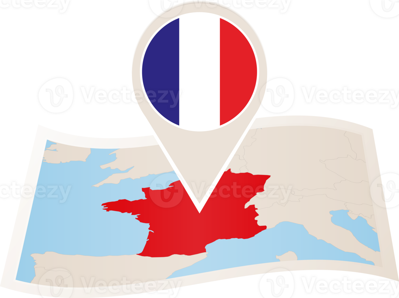 Folded map of France with flag pin of France. png