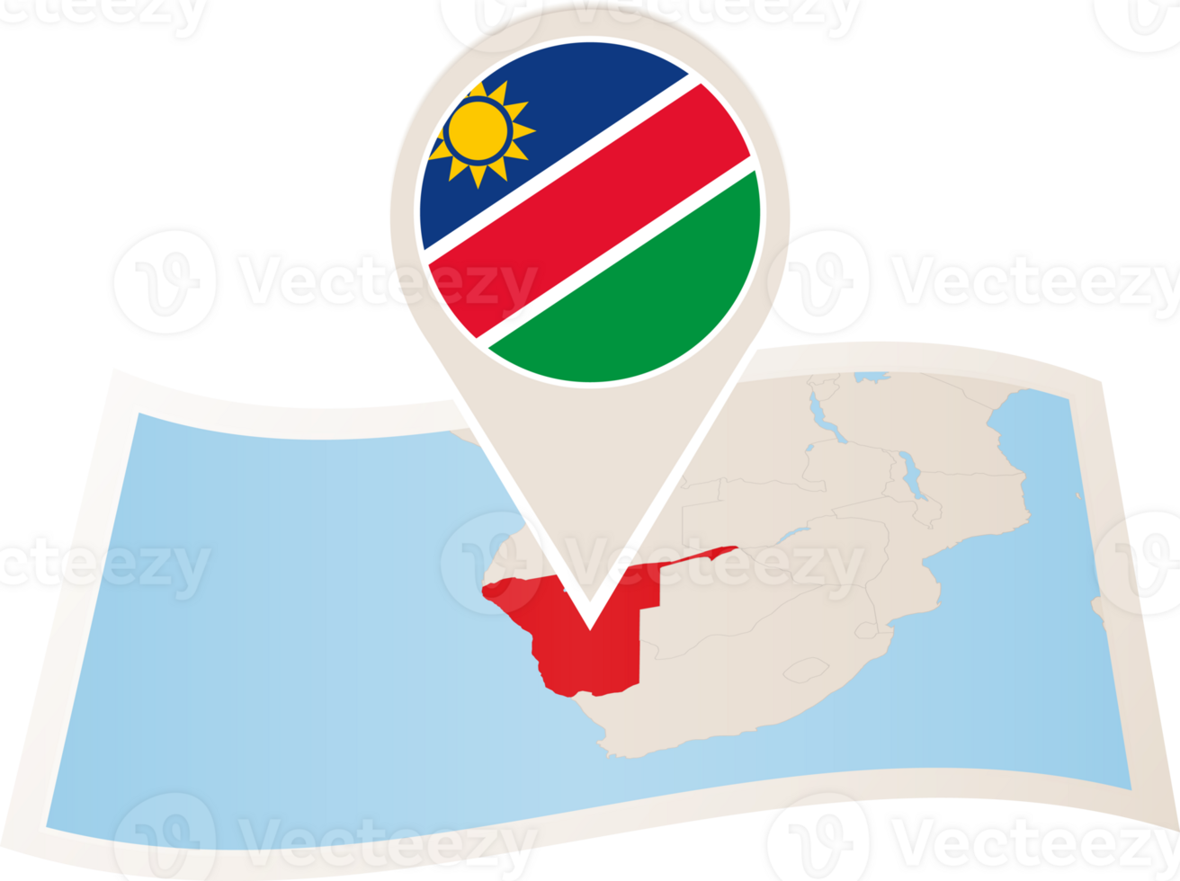 Folded map of Namibia with flag pin of Namibia. png