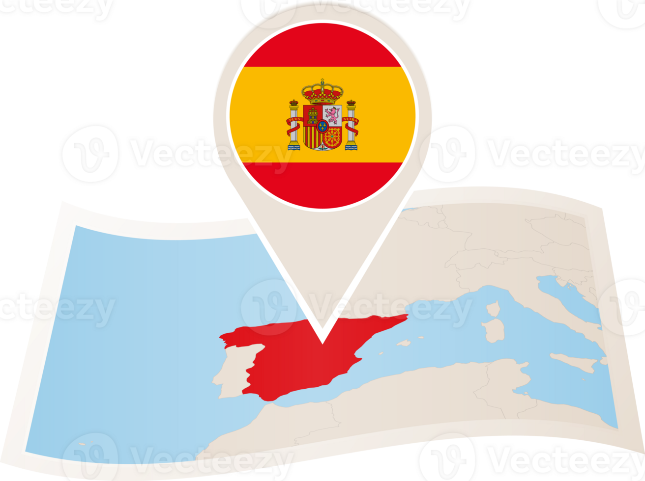 Folded map of Spain with flag pin of Spain. png