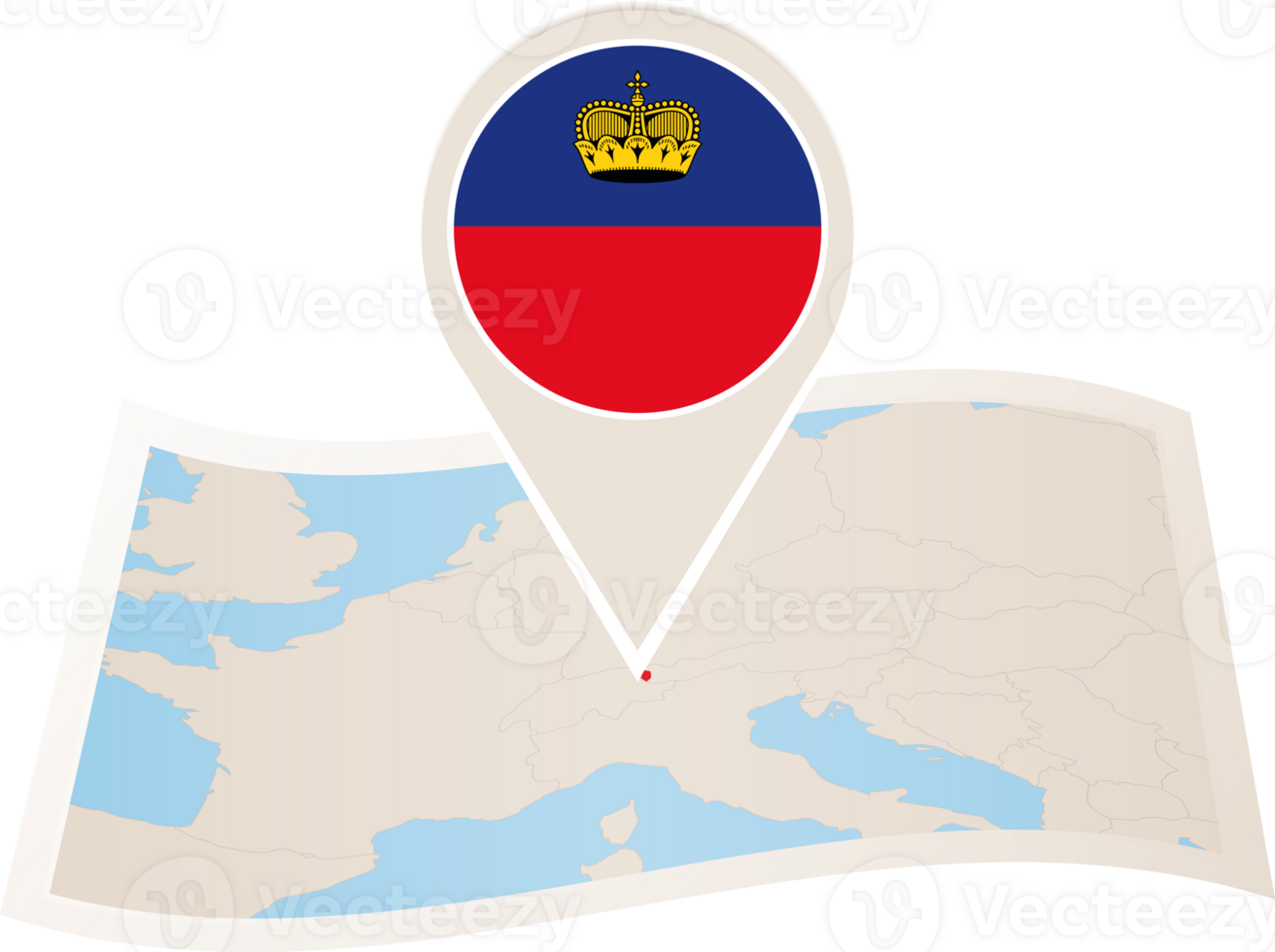 Folded map of Liechtenstein with flag pin of Liechtenstein. png