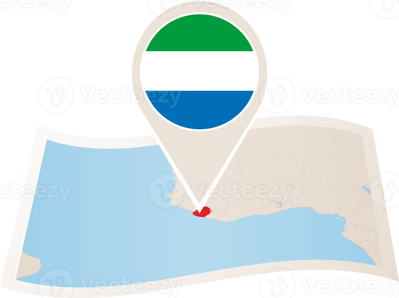 Folded map of Sierra Leone with flag pin of Sierra Leone. png