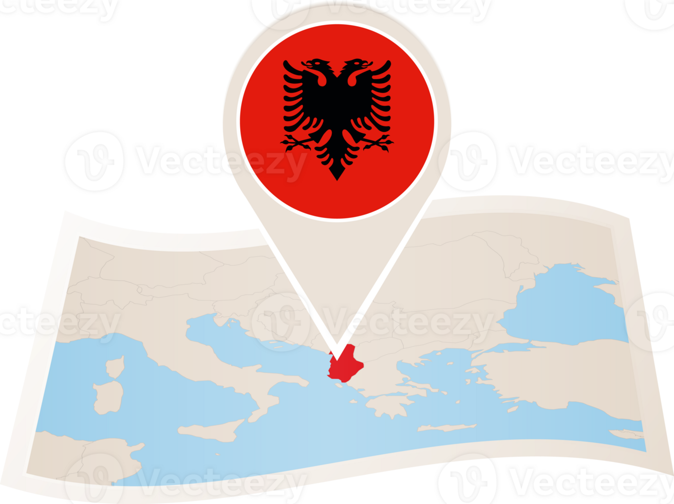 Folded map of Albania with flag pin of Albania. png