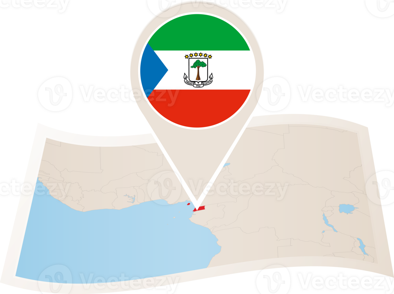Folded map of Equatorial Guinea with flag pin of Equatorial Guinea. png