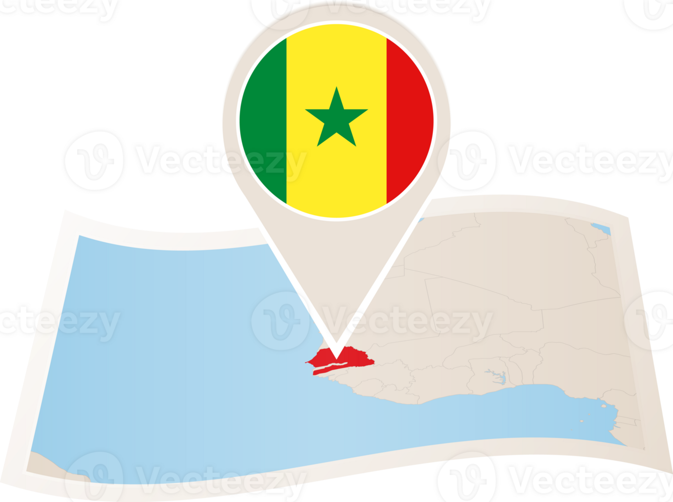 Folded map of Senegal with flag pin of Senegal. png