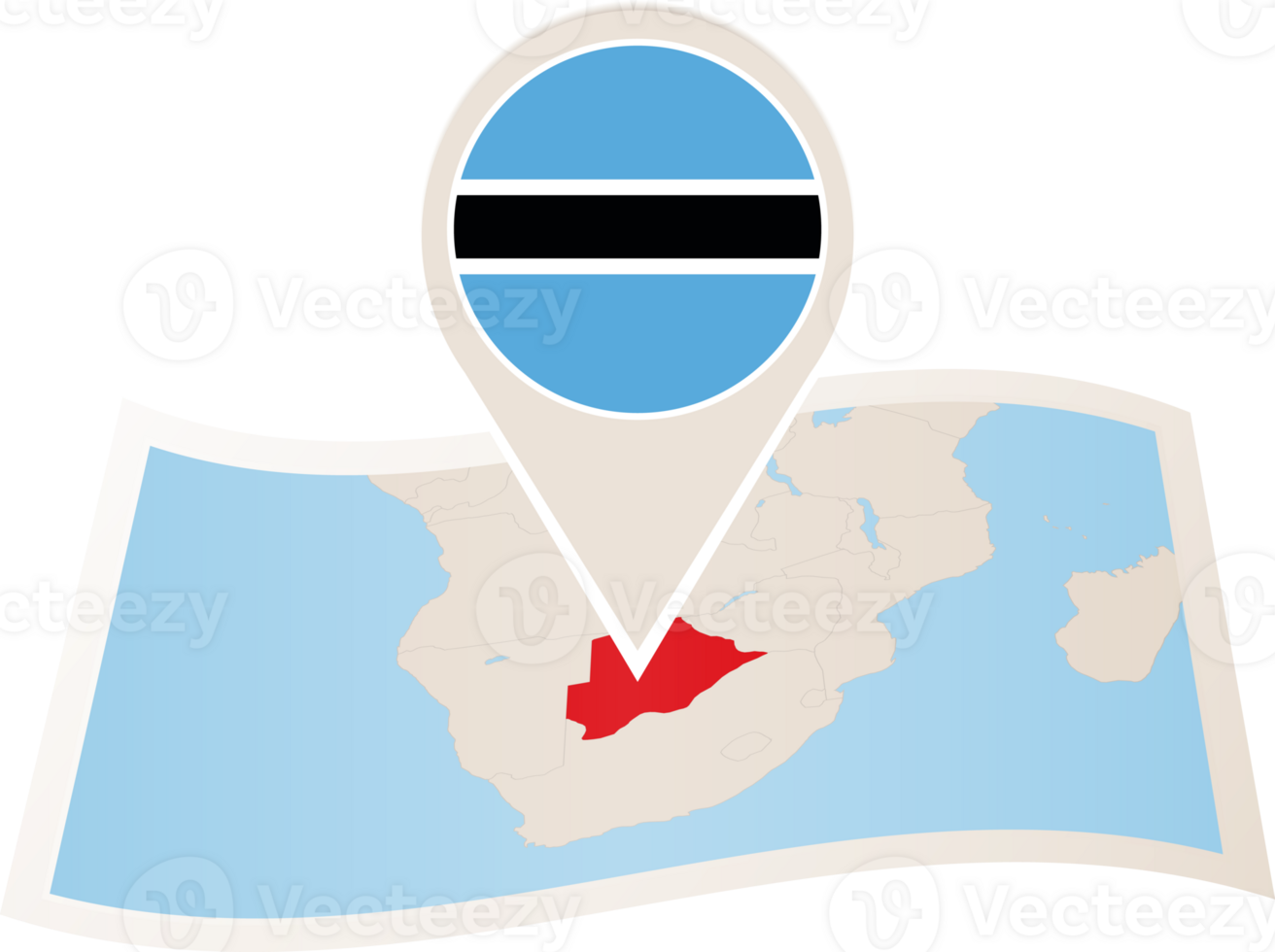 Folded map of Botswana with flag pin of Botswana. png