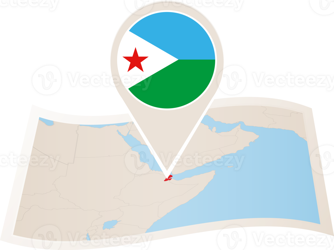 Folded map of Djibouti with flag pin of Djibouti. png
