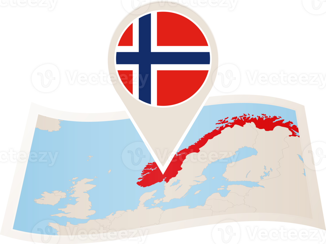 Folded map of Norway with flag pin of Norway. png