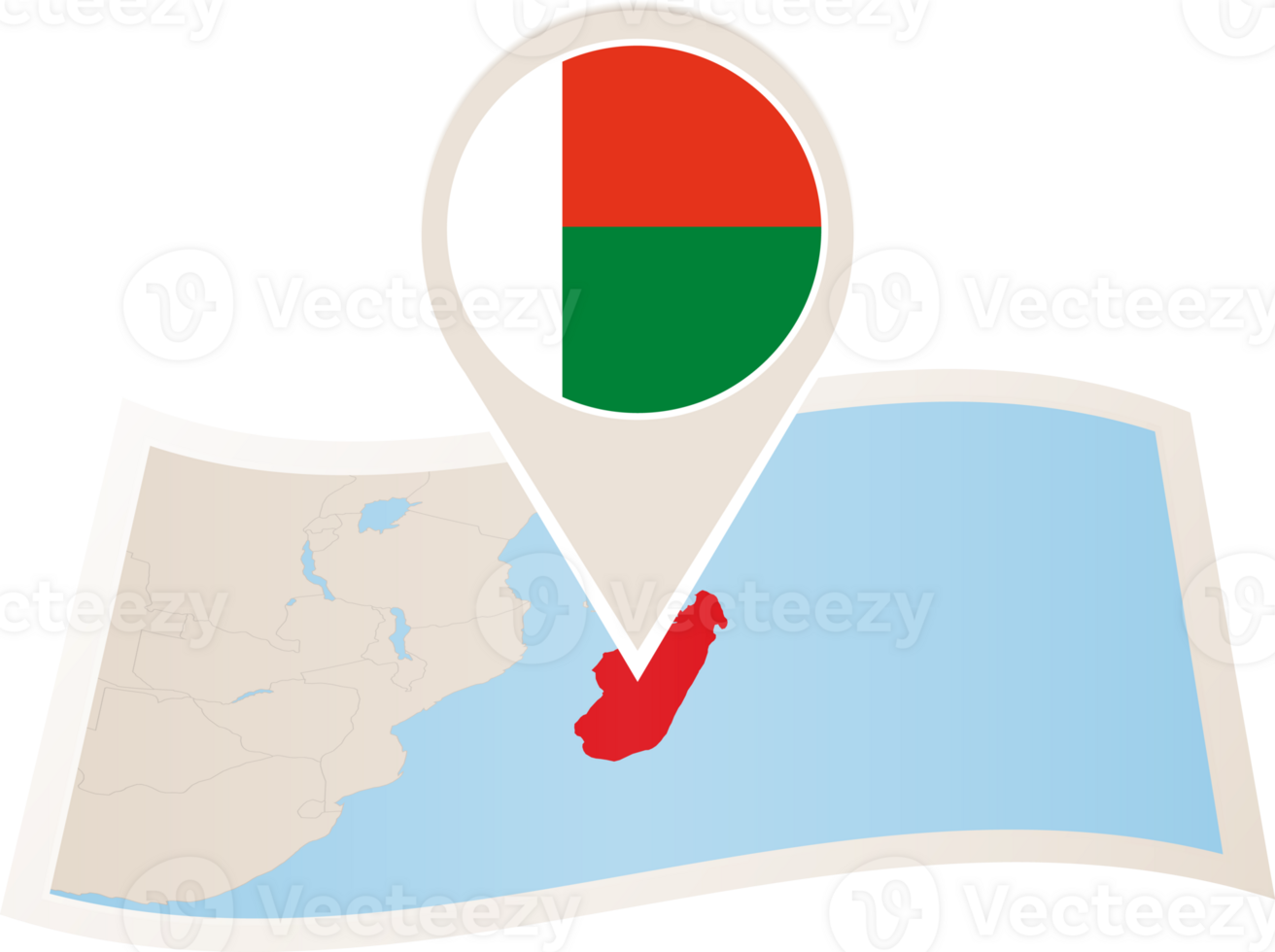 Folded map of Madagascar with flag pin of Madagascar. png