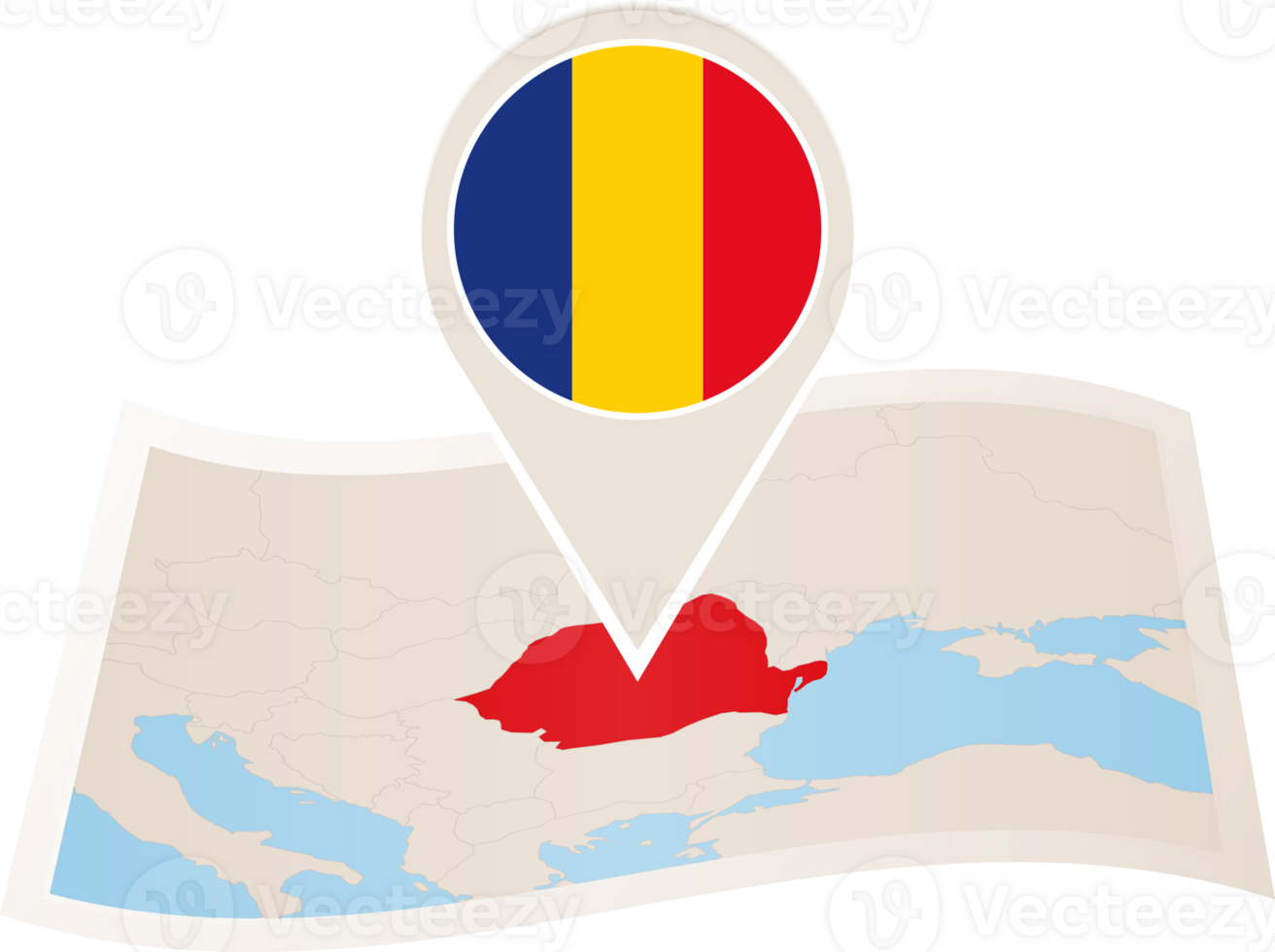 Folded map of Romania with flag pin of Romania. png