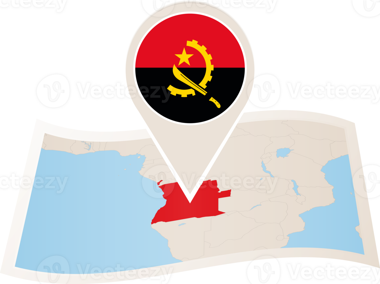 Folded map of Angola with flag pin of Angola. png