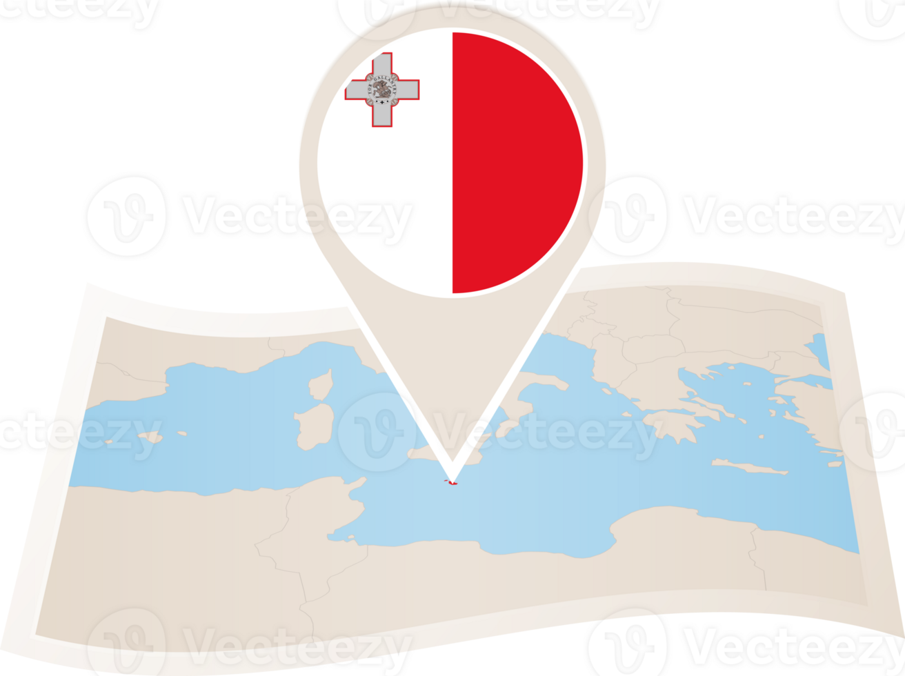 Folded map of Malta with flag pin of Malta. png