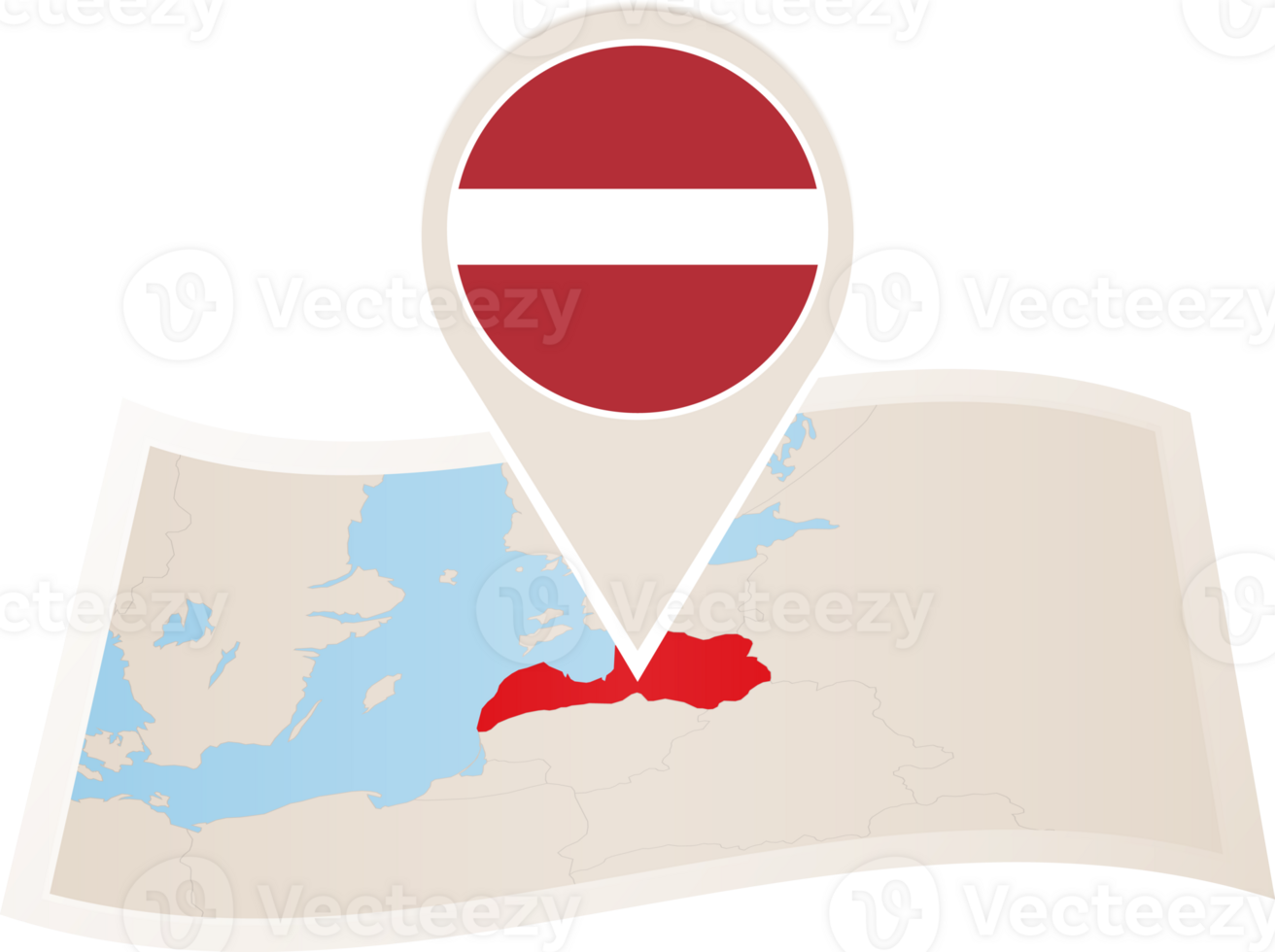 Folded map of Latvia with flag pin of Latvia. png