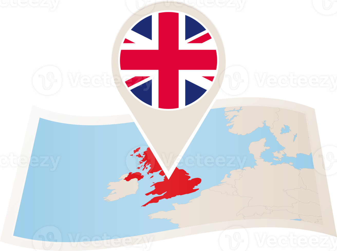 Folded map of United Kingdom with flag pin of UK. png
