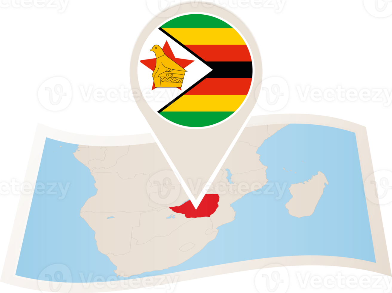 Folded map of Zimbabwe with flag pin of Zimbabwe. png