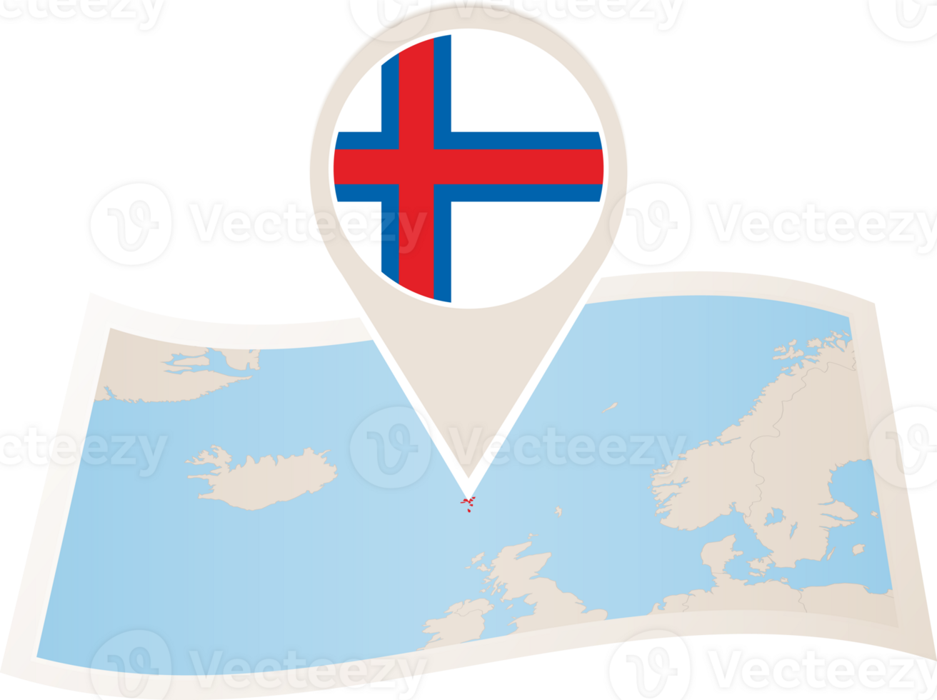 Folded map of Faroe Islands with flag pin of Faroe Islands. png