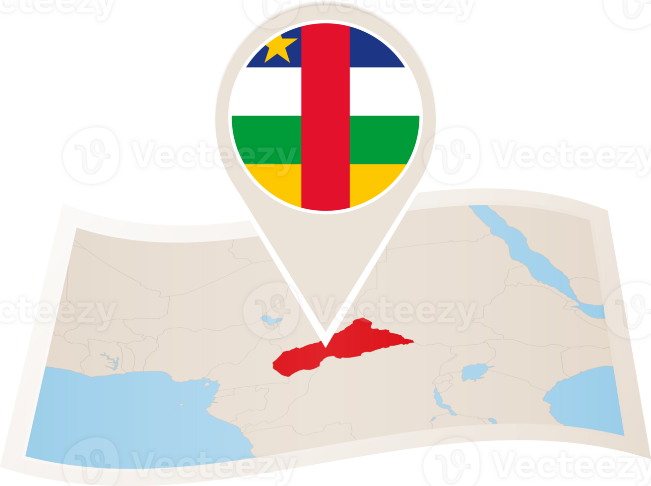 Folded map of Central African Republic with flag pin of Central African Republic. png