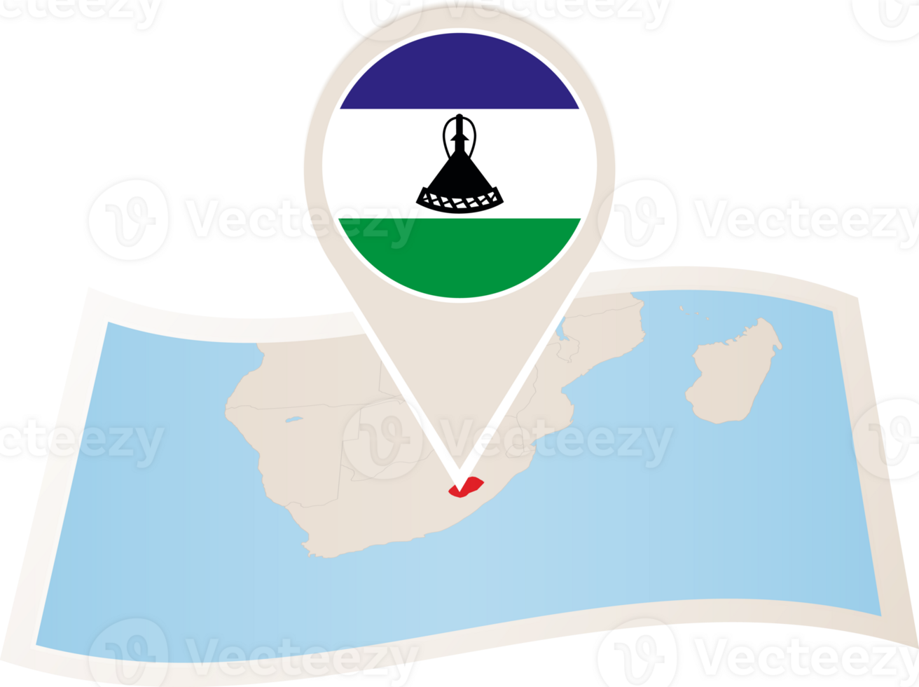 Folded map of Lesotho with flag pin of Lesotho. png