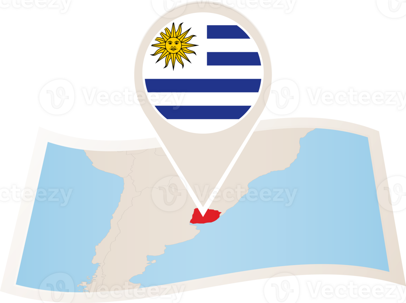 Folded map of Uruguay with flag pin of Uruguay. png