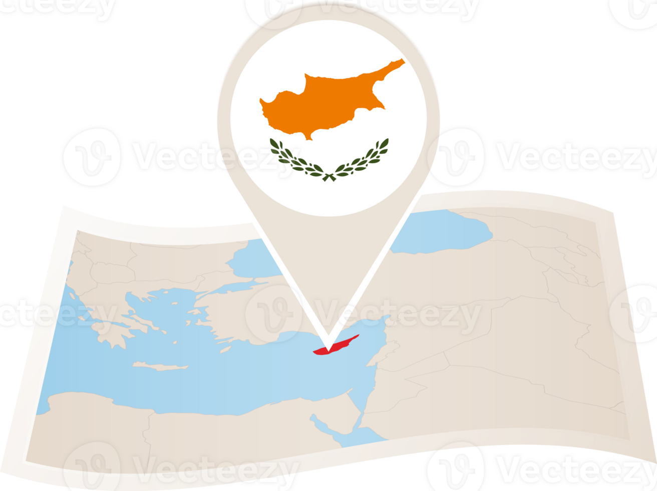Folded map of Cyprus with flag pin of Cyprus. png