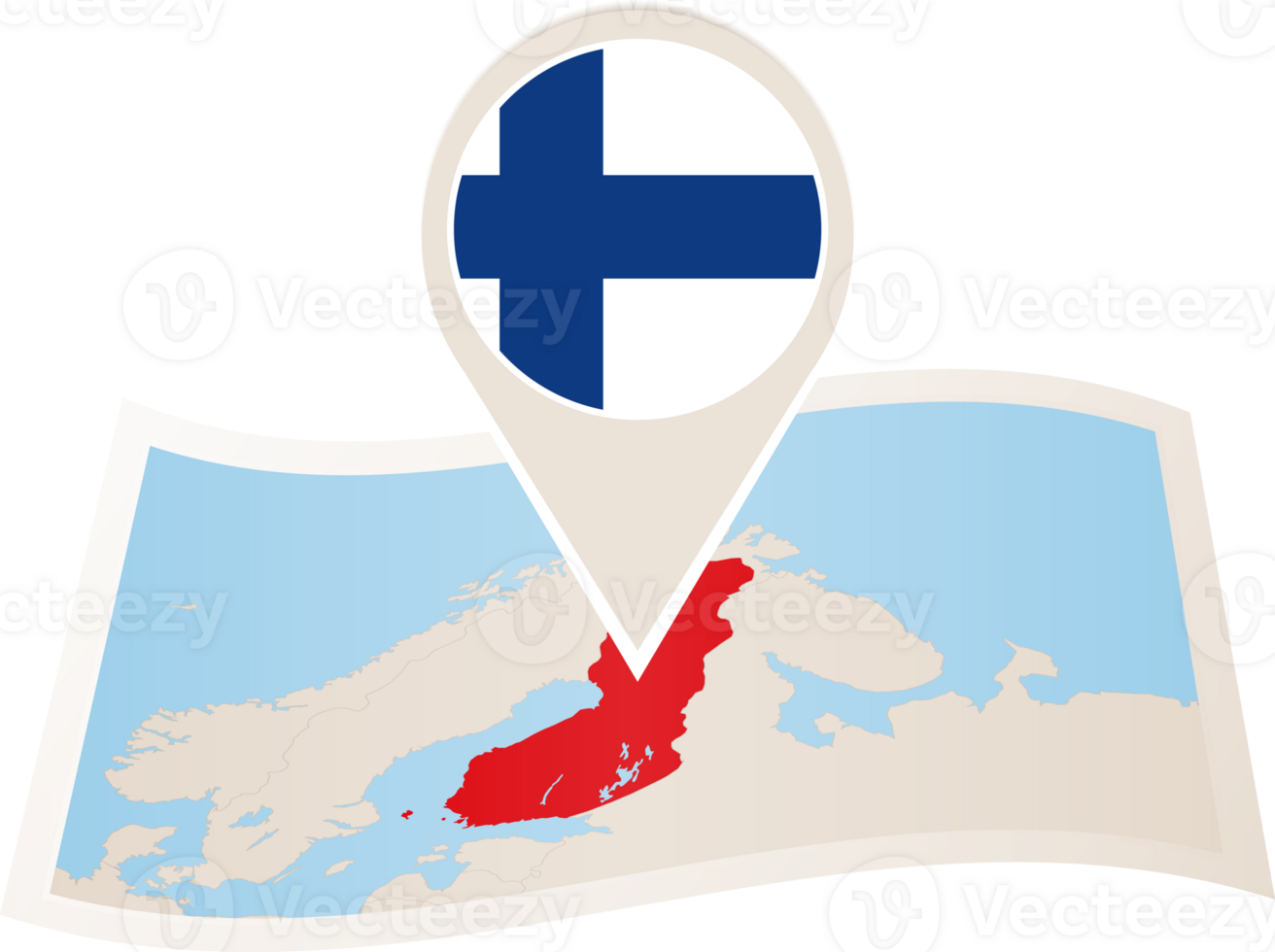 Folded map of Finland with flag pin of Finland. png