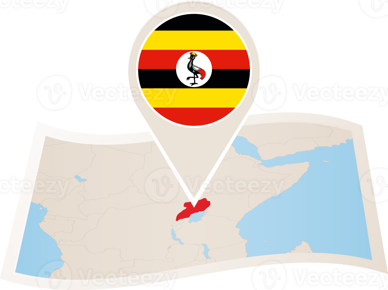 Folded map of Uganda with flag pin of Uganda. png