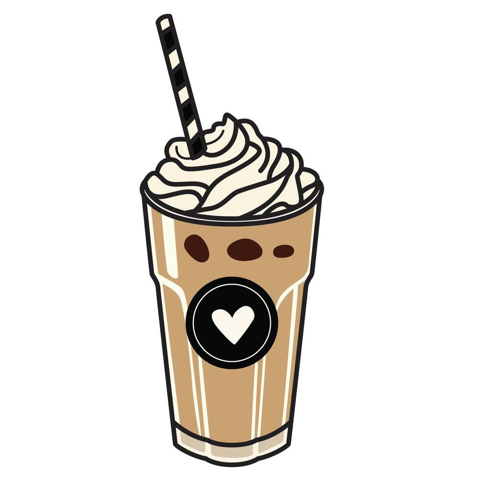 Iced Coffee in Glass with Cream and Straw Clip Art - Drawing Illustration vector