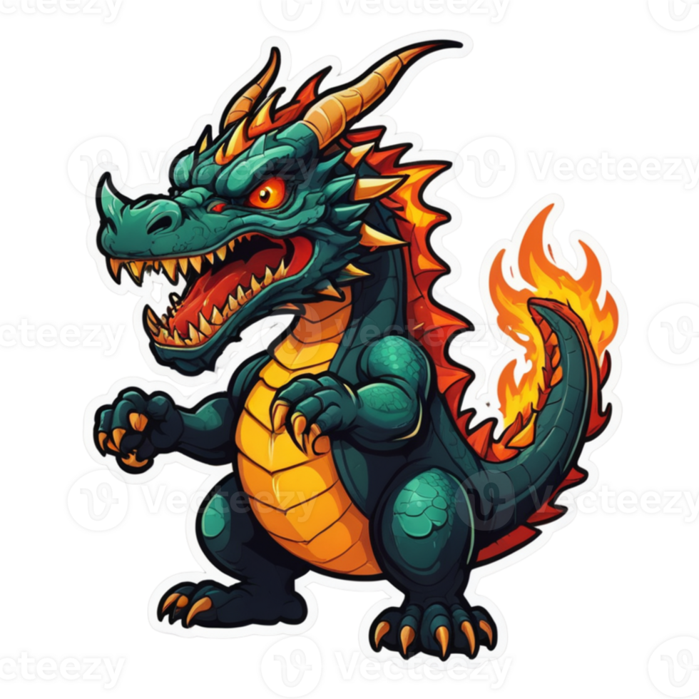 A cartoon dragon with orange and green eyes png