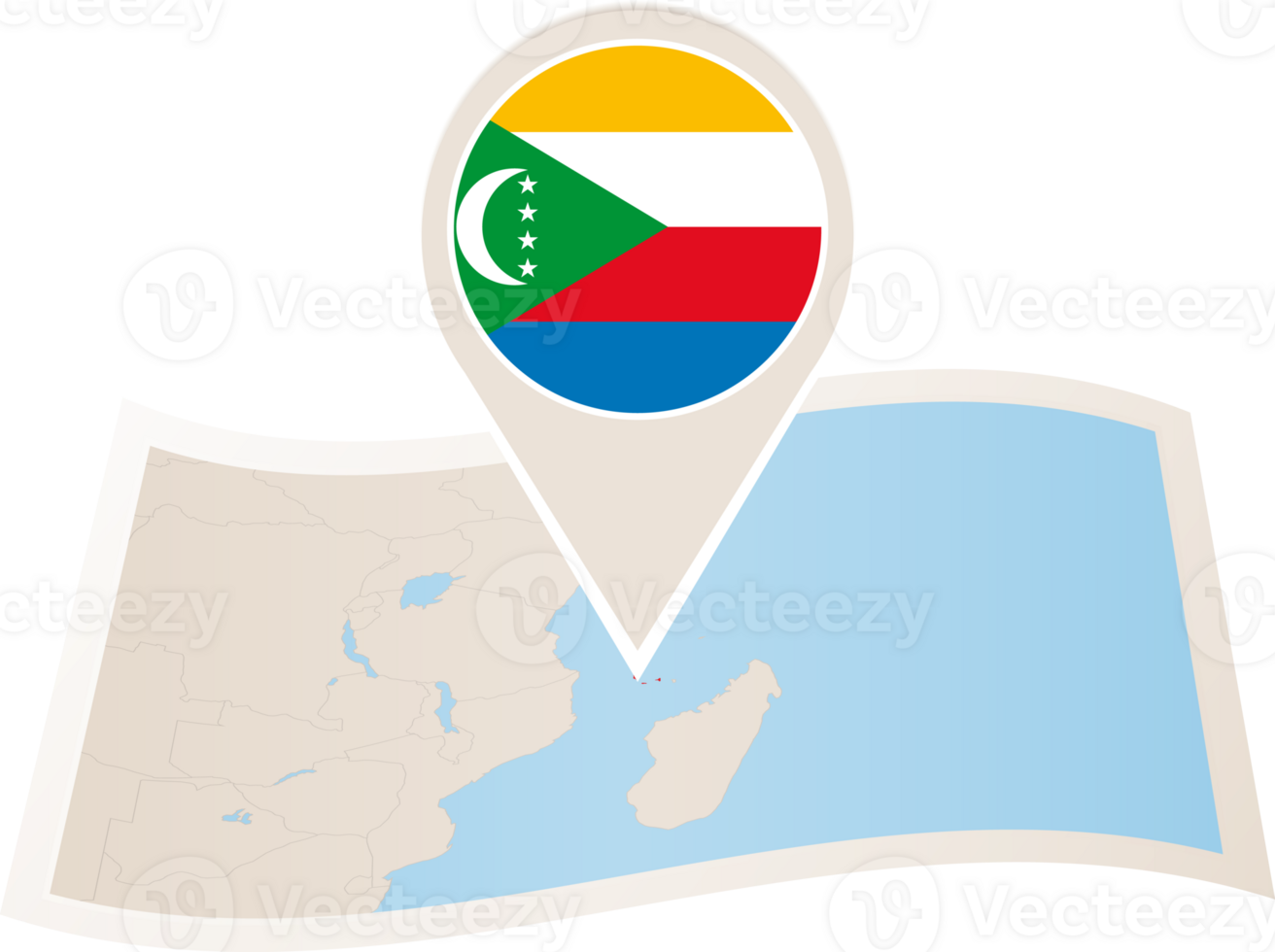 Folded map of Comoros with flag pin of Comoros. png