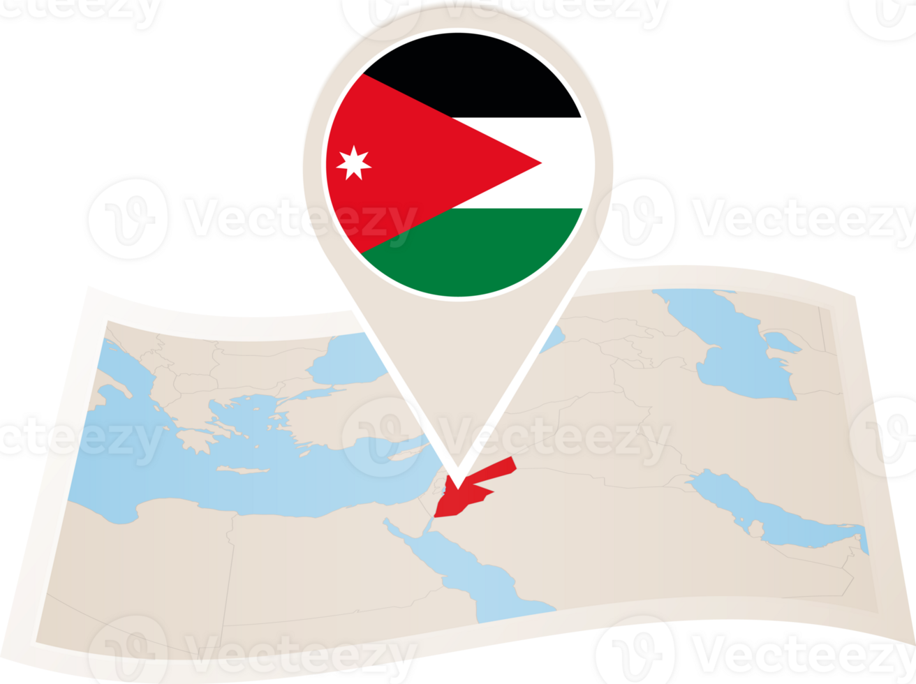 Folded map of Jordan with flag pin of Jordan. png