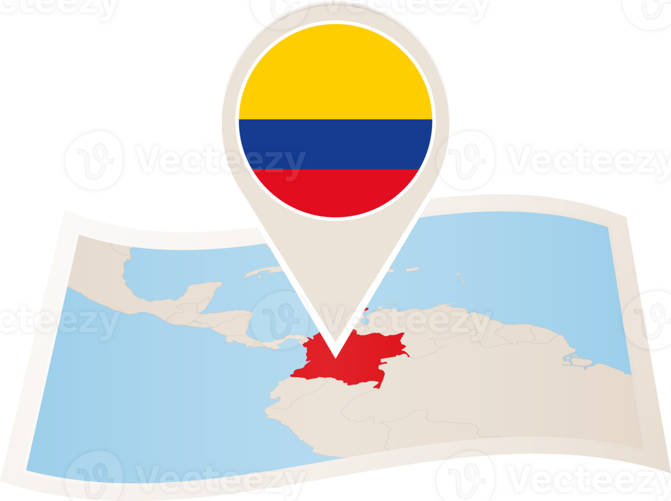 Folded map of Colombia with flag pin of Colombia. png