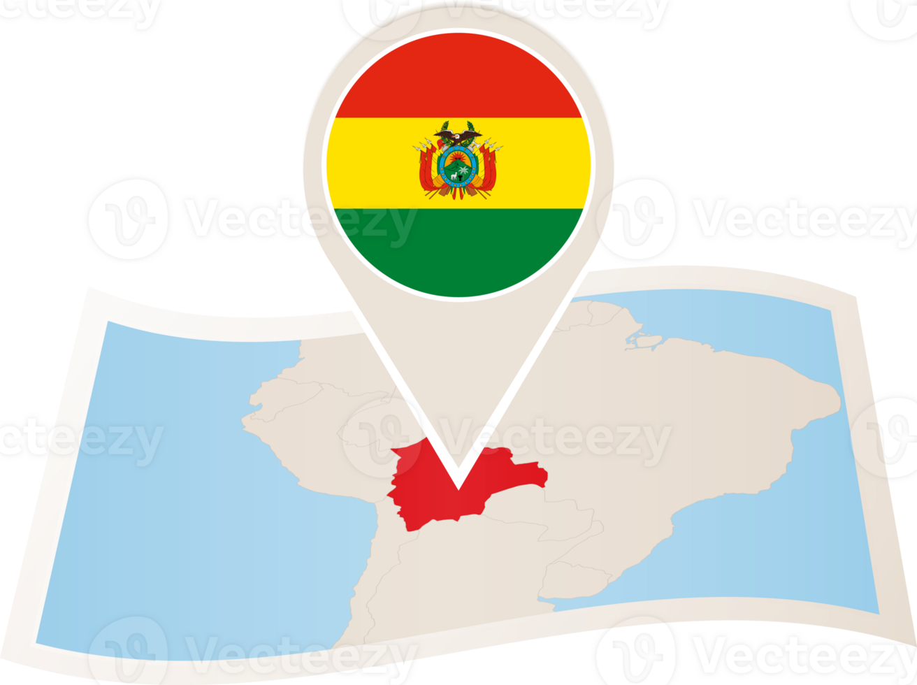 Folded map of Bolivia with flag pin of Bolivia. png