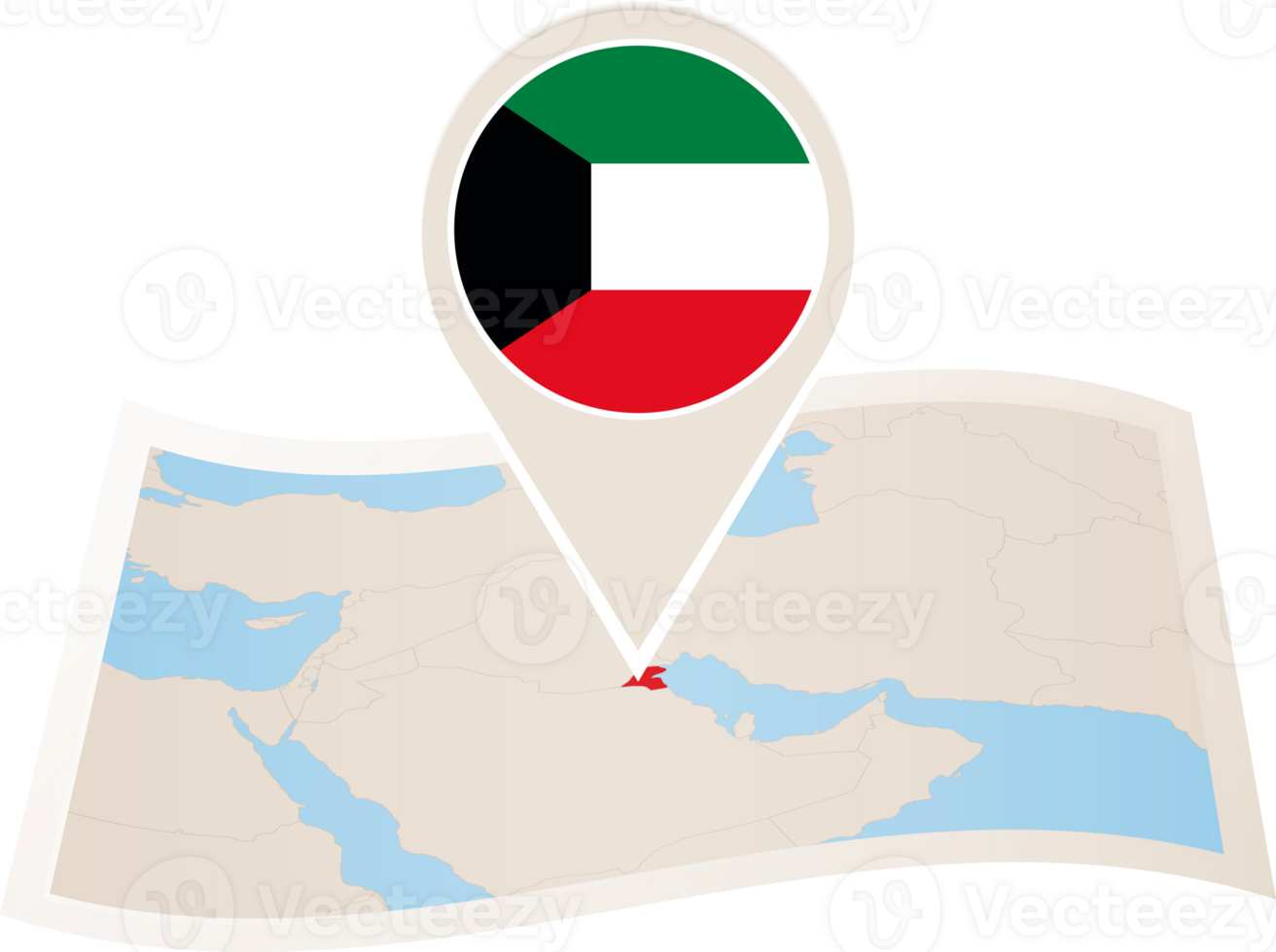 Folded map of Kuwait with flag pin of Kuwait. png