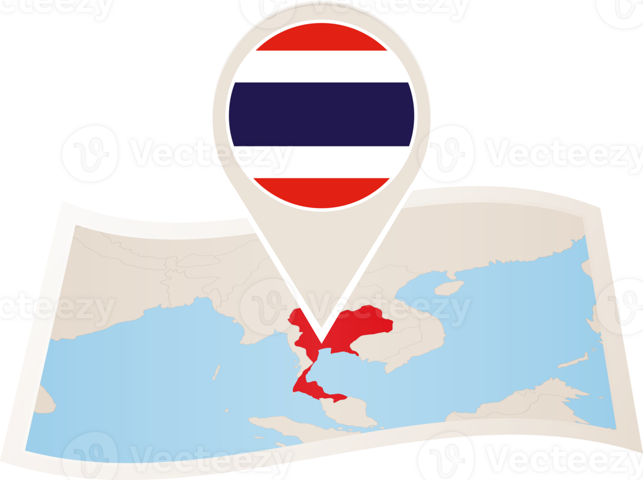 Folded map of Thailand with flag pin of Thailand. png