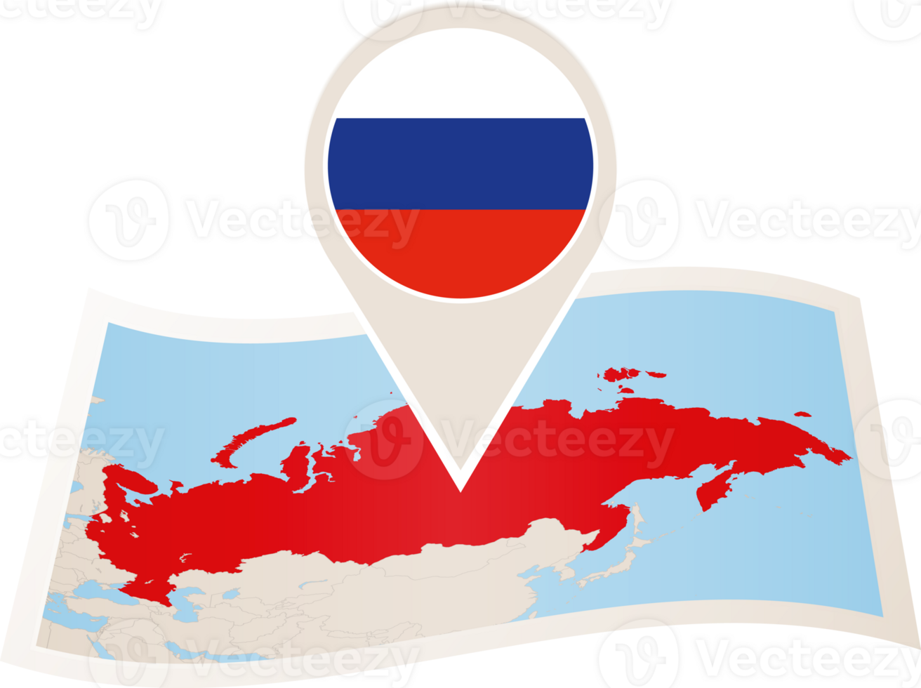 Folded map of Russia with flag pin of Russia. png