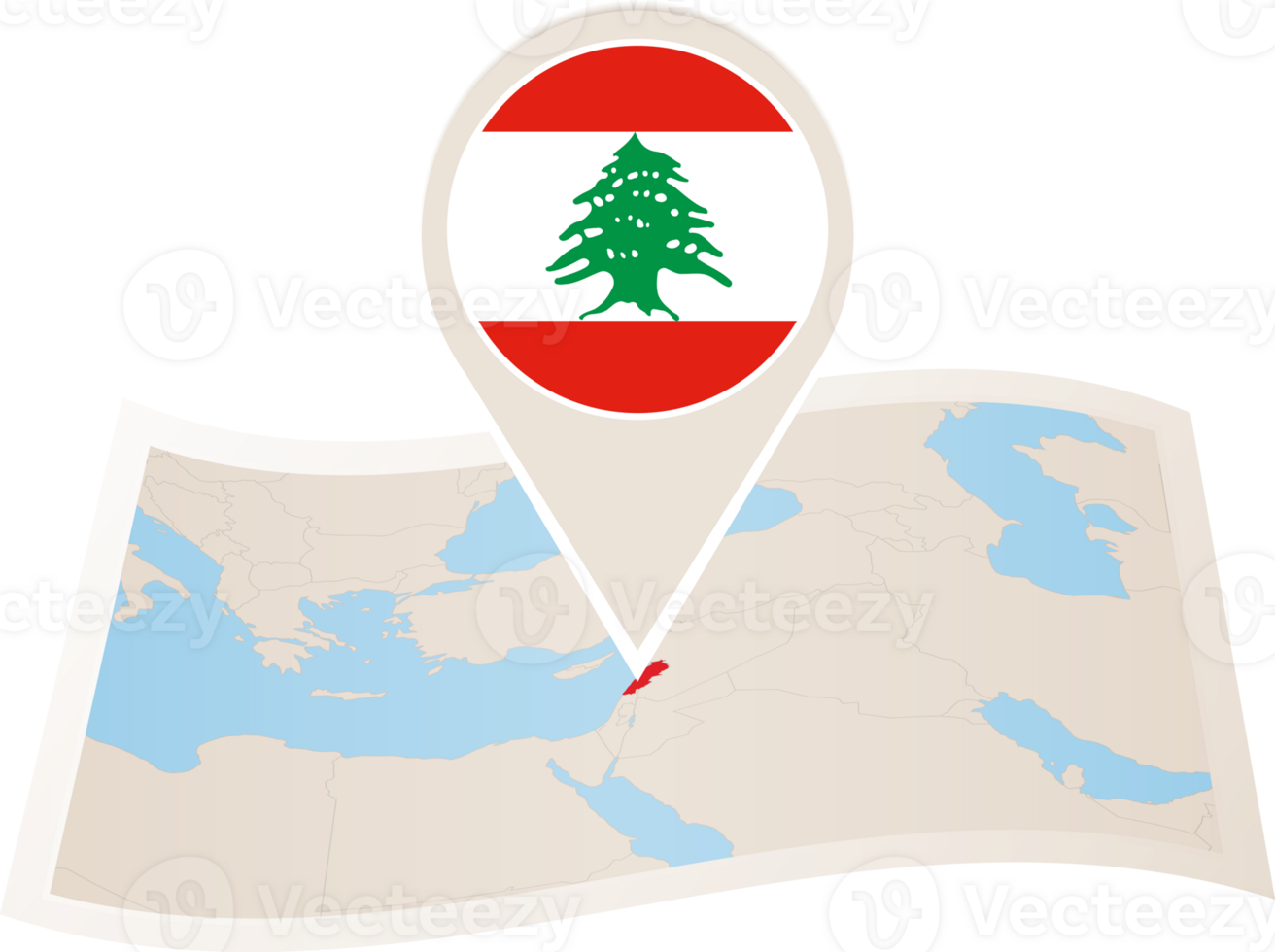Folded map of Lebanon with flag pin of Lebanon. png