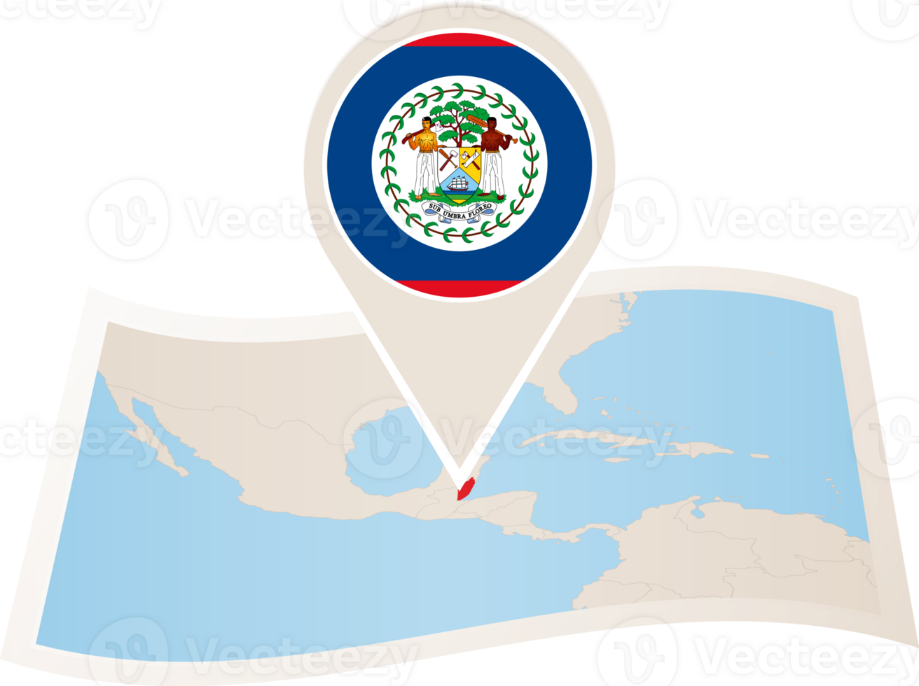 Folded map of Belize with flag pin of Belize. png