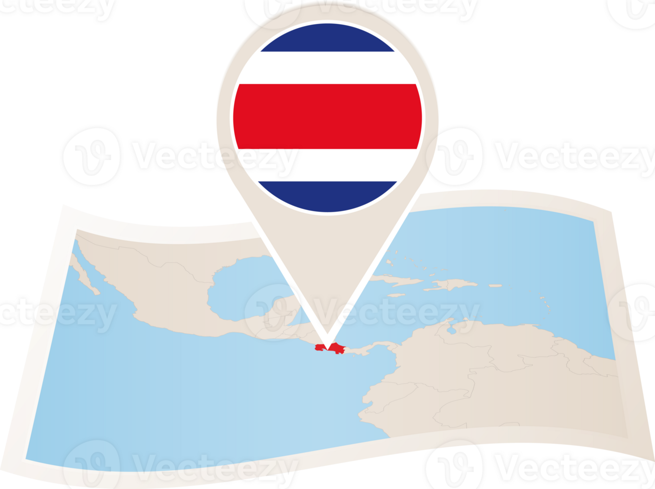 Folded map of Costa Rica with flag pin of Costa Rica. png