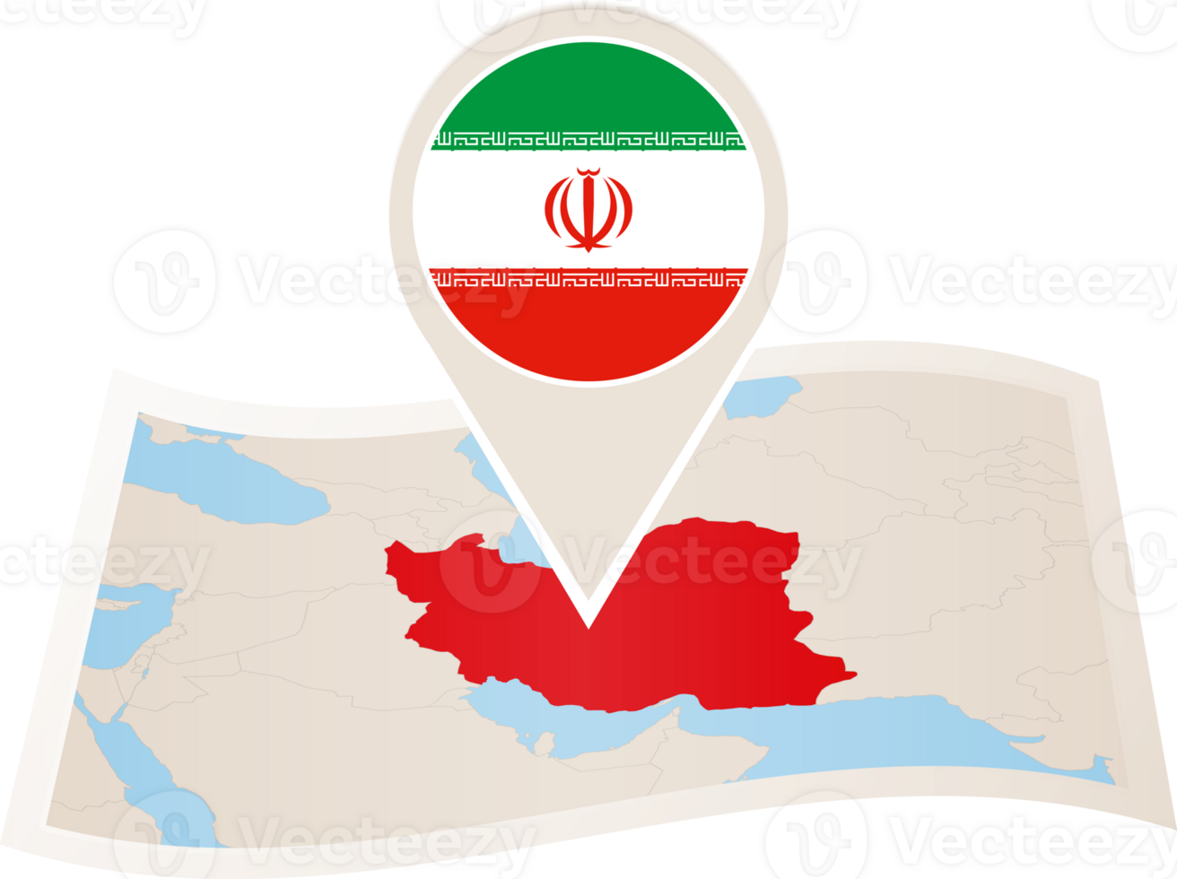 Folded map of Iran with flag pin of Iran. png