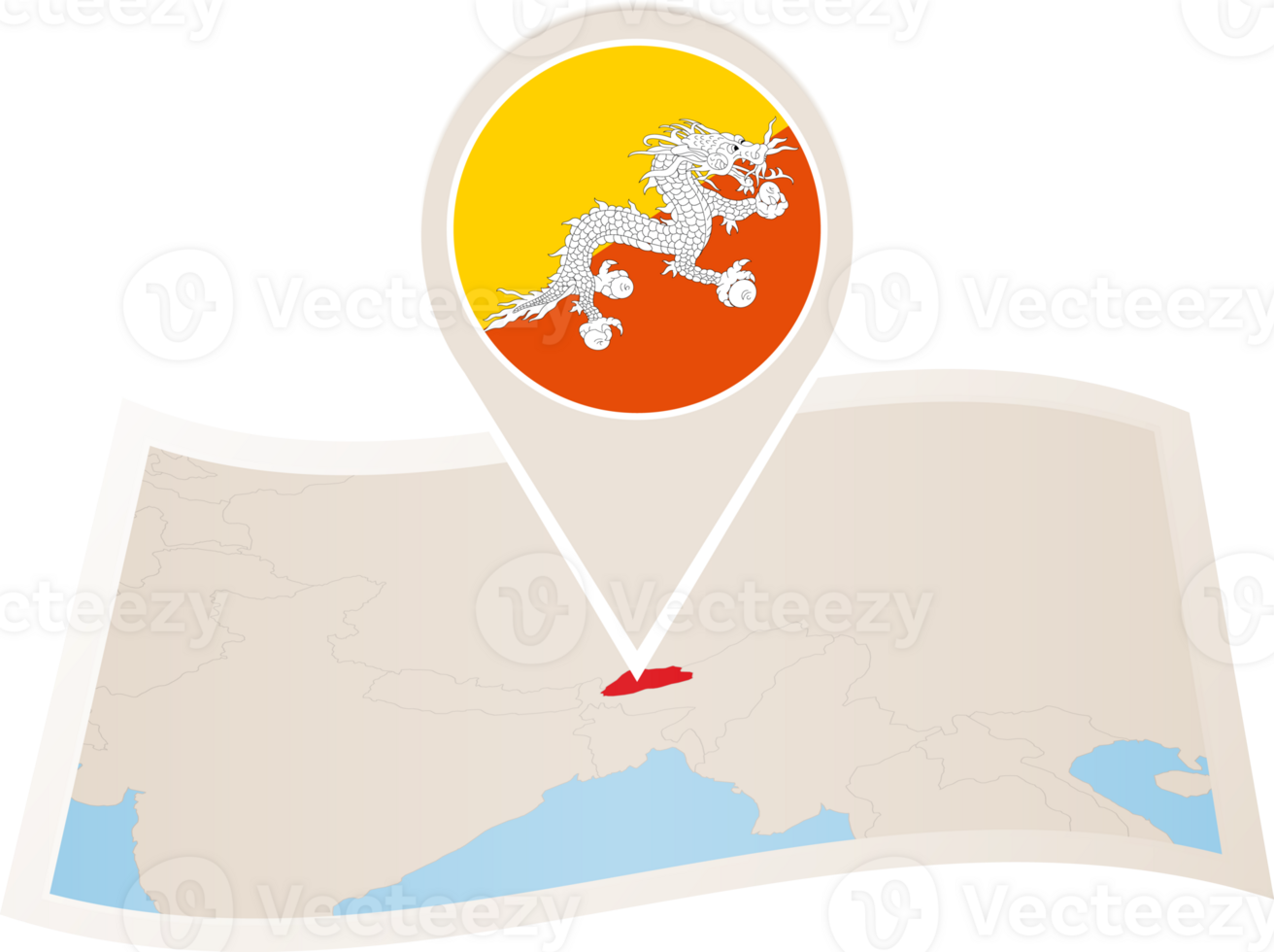 Folded map of Bhutan with flag pin of Bhutan. png