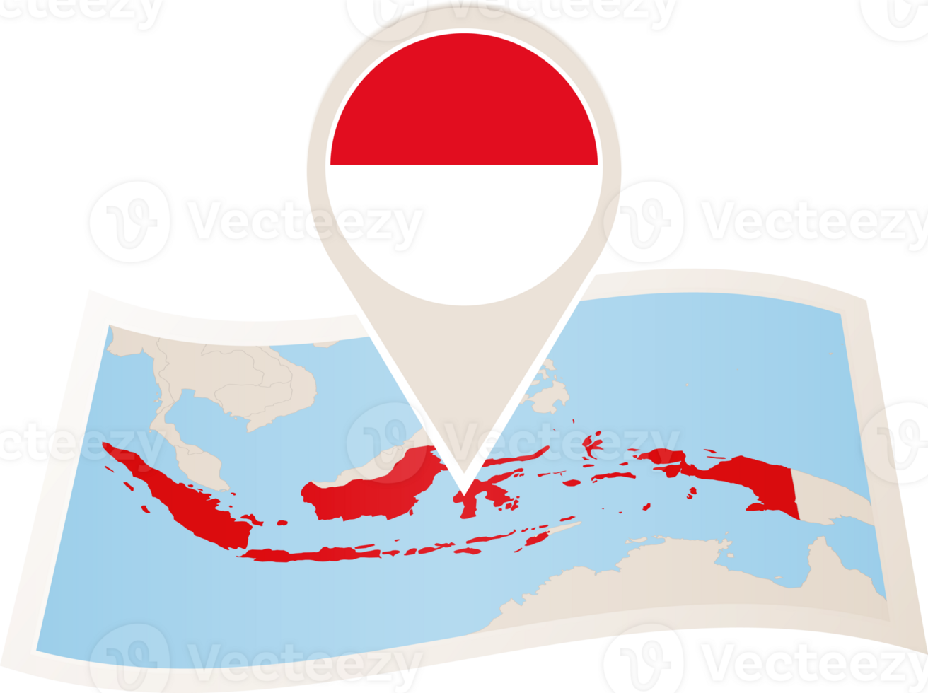 Folded map of Indonesia with flag pin of Indonesia. png