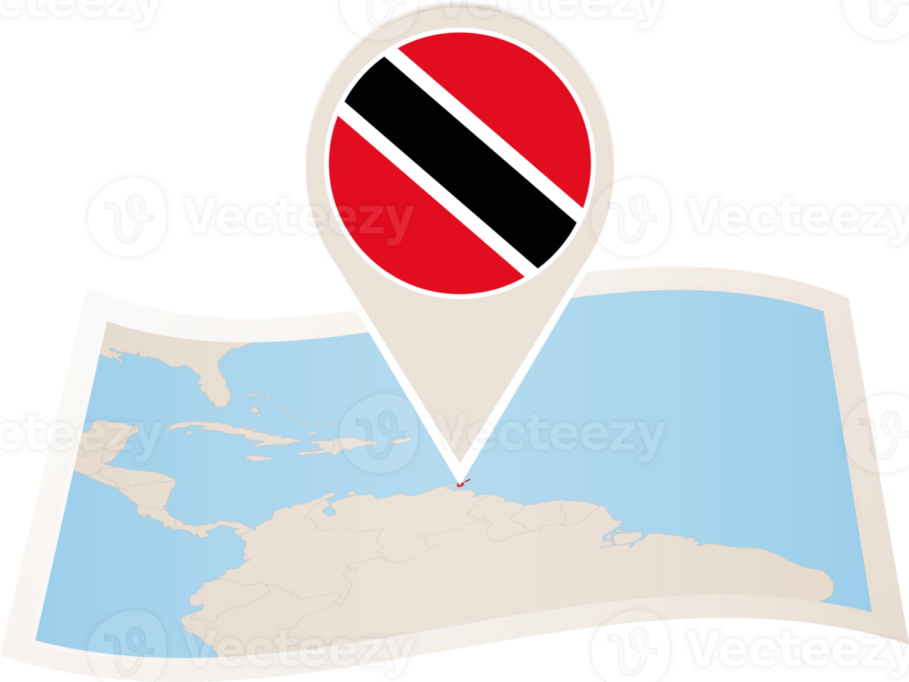 Folded map of Trinidad and Tobago with flag pin of Trinidad and Tobago. png