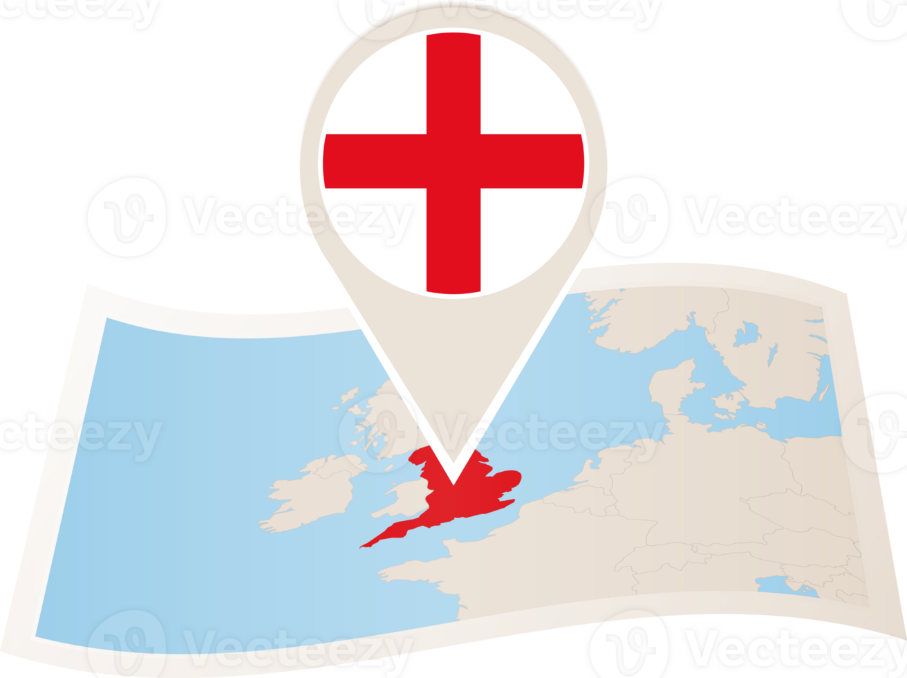 Folded map of England with flag pin of England. png