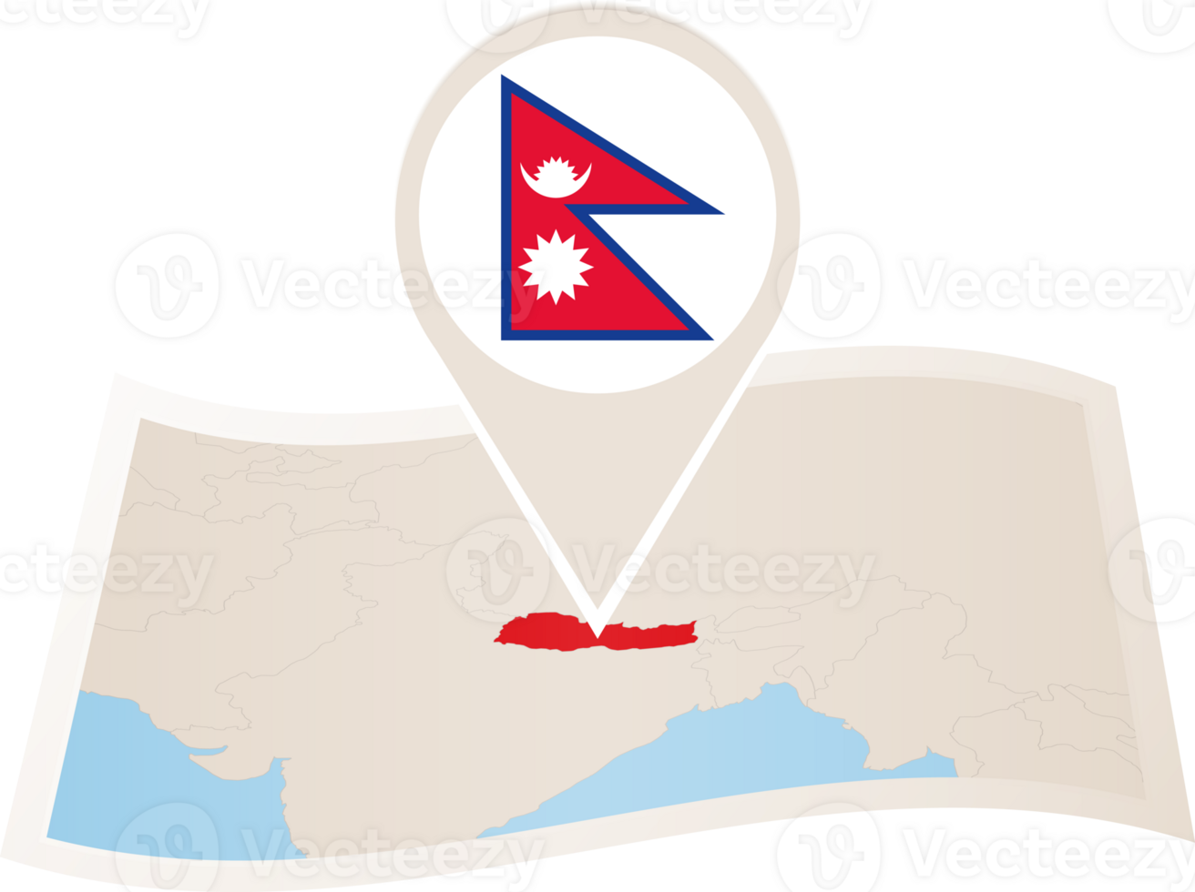 Folded map of Nepal with flag pin of Nepal. png