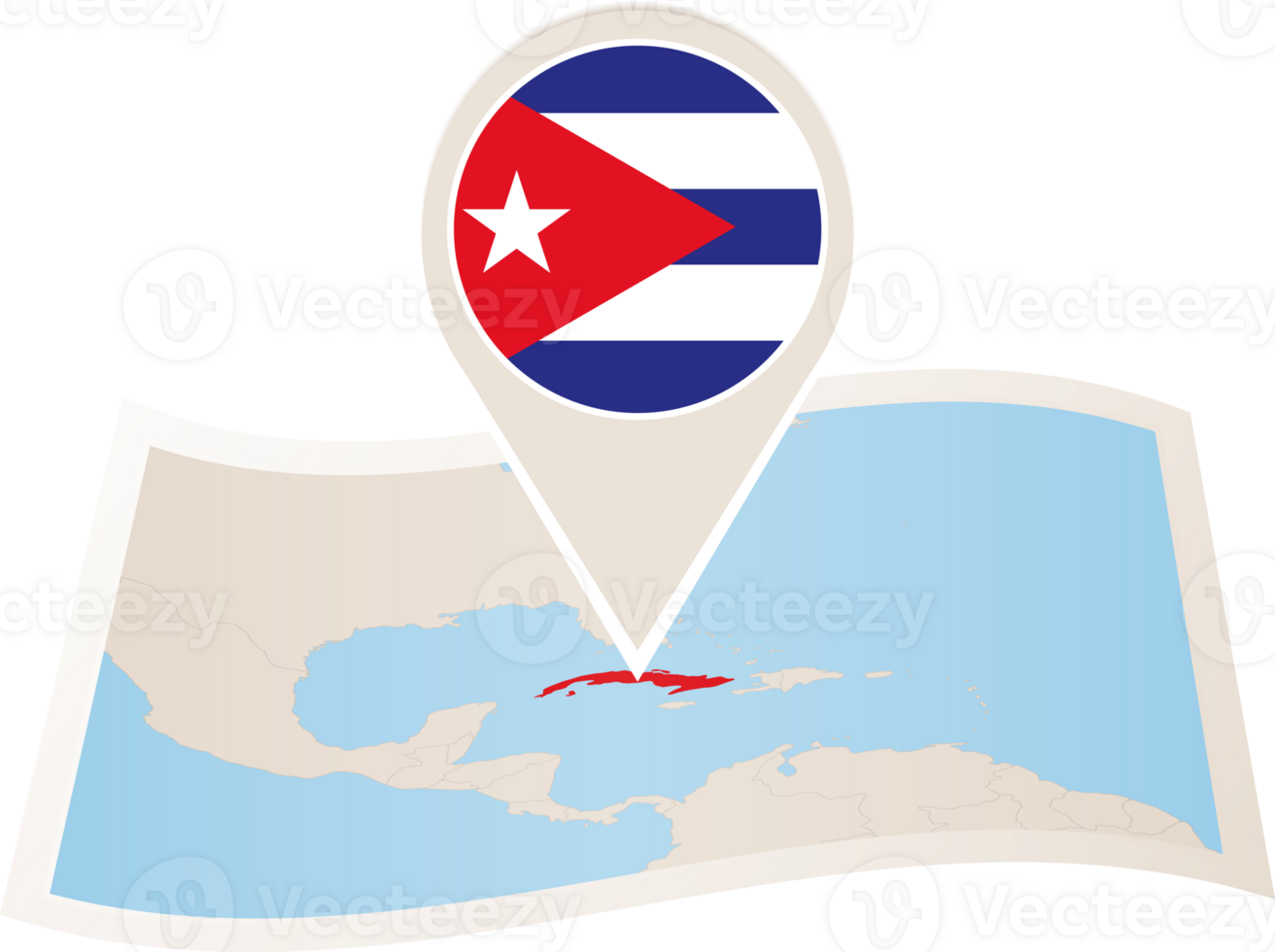 Folded map of Cuba with flag pin of Cuba. png