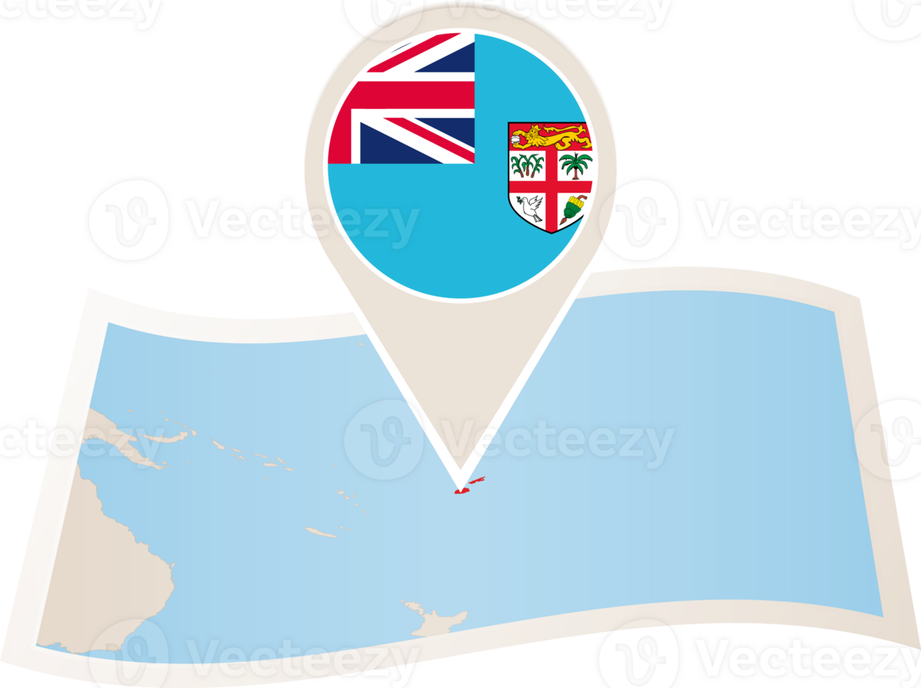 Folded map of Fiji with flag pin of Fiji. png