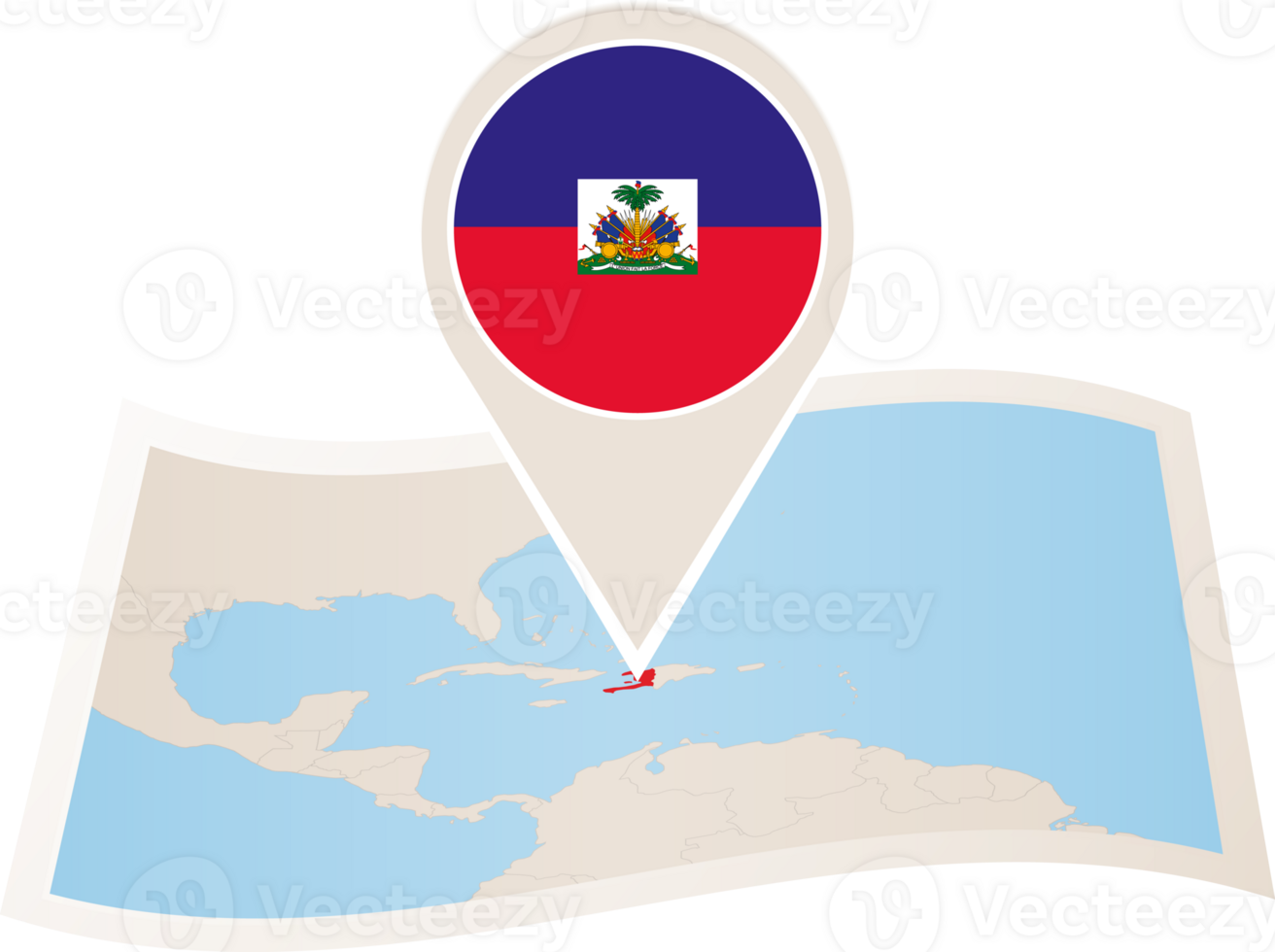 Folded map of Haiti with flag pin of Haiti. png
