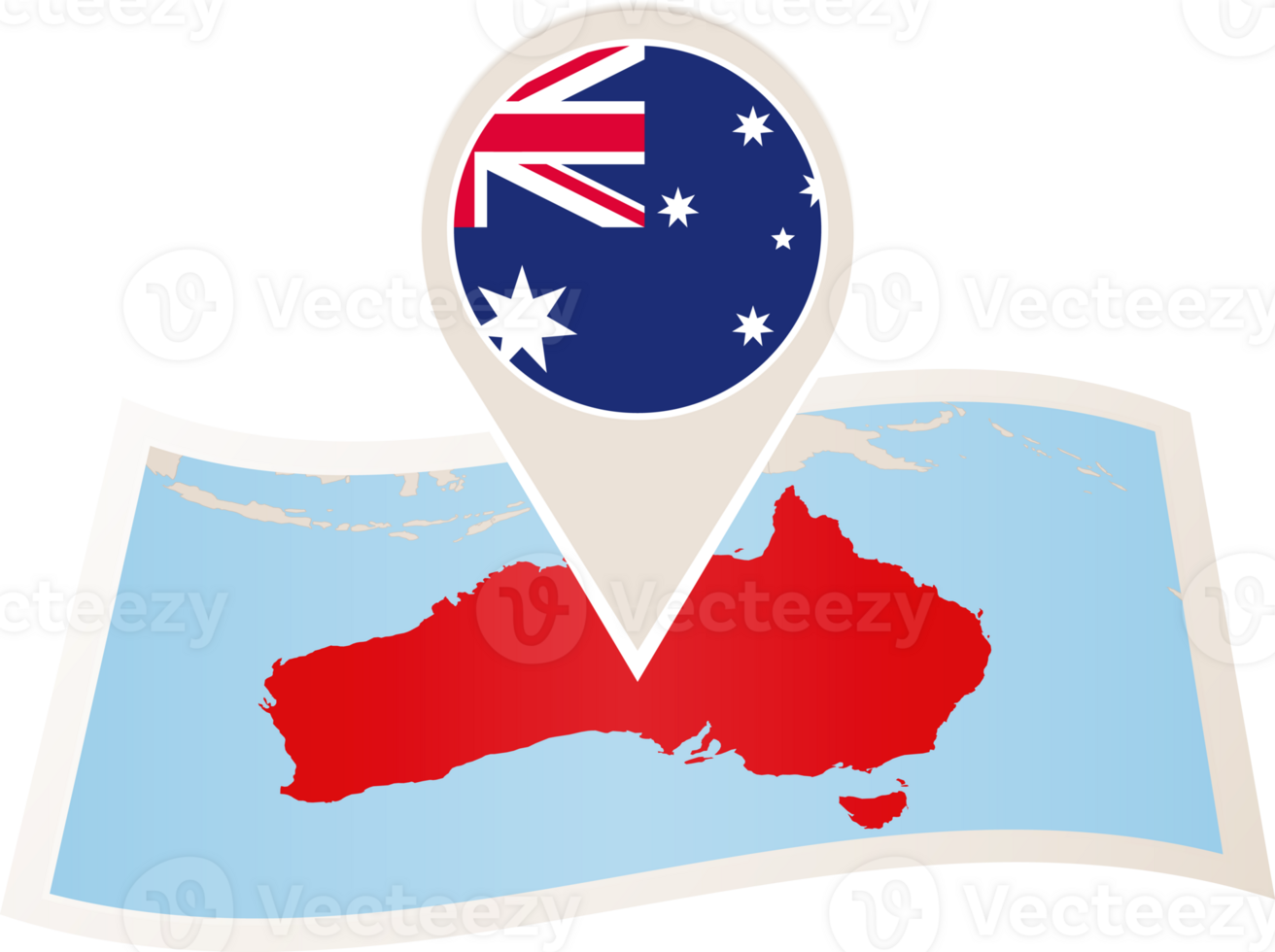 Folded map of Australia with flag pin of Australia. png